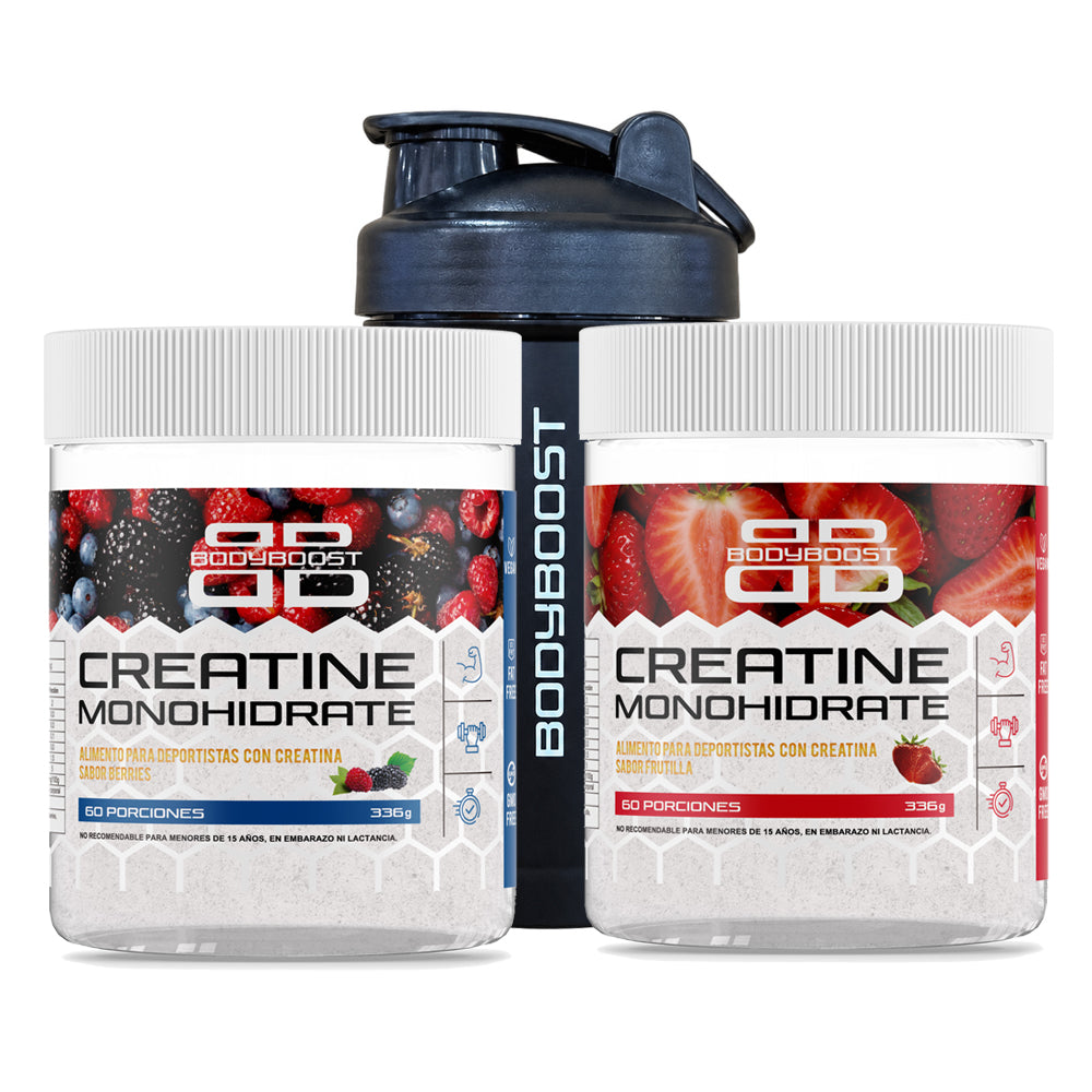 Pack creatina polvo Berries y Frutilla + Shaker gratis